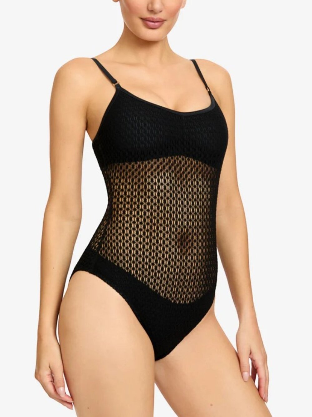 Robin Piccone Charlotte Mio Black Crochet Mesh One Piece Swimsuit 10